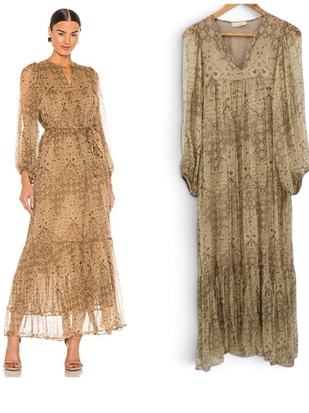 Mes Demoiselles Cartier Maxi Dress In Tan Combo Sheer Balloon Sleeves Boho
